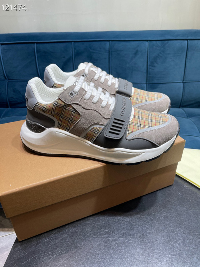 B**rry vintage check, leather and mesh sneakers