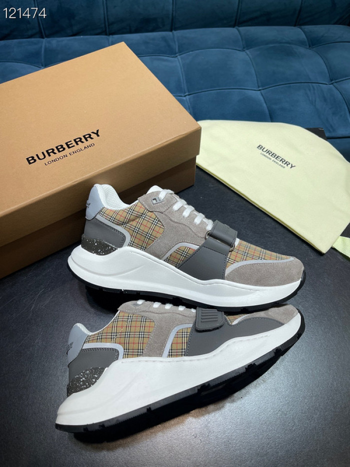 B**rry vintage check, leather and mesh sneakers