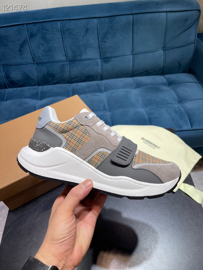 B**rry vintage check, leather and mesh sneakers